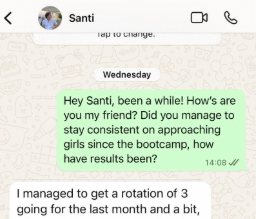Client message screenshot from Santi showing results after coaching