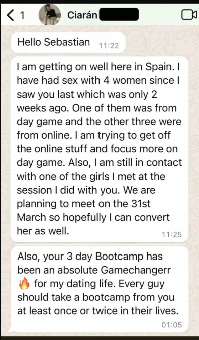 Client message screenshot from Ciarán showing results after coaching