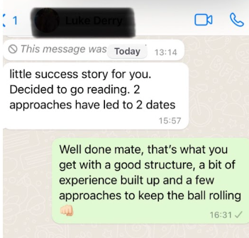 Client message screenshot from Luke showing results after coaching
