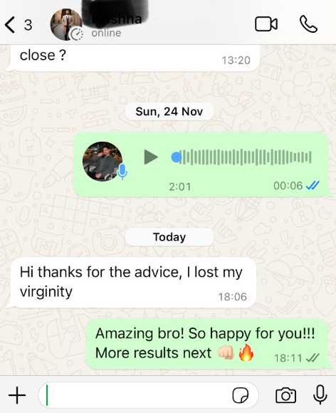 Client message screenshot from Client showing results after coaching