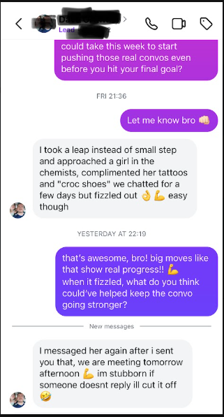 Client message screenshot from Client showing results after coaching