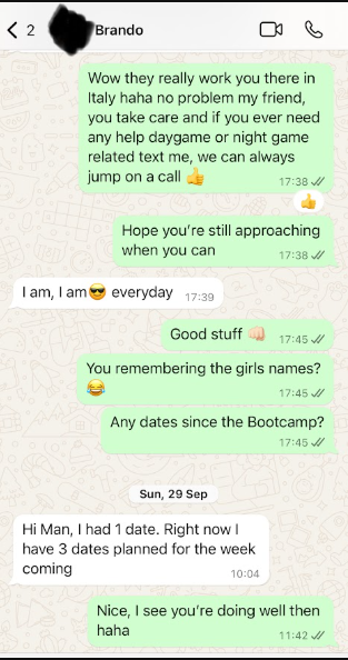 Client message screenshot from Brando showing results after coaching