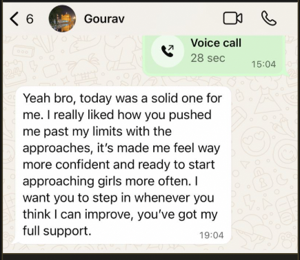 Client message screenshot from Gourav showing results after coaching
